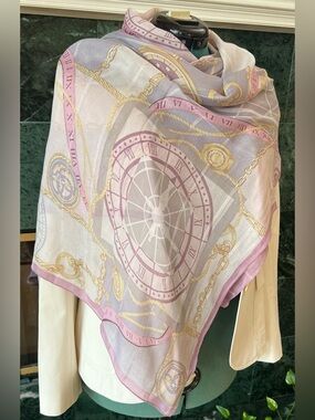 Renoma Vintage Silk Scarf Pink Lavender Clock Print Shawl Wrap Gold Metallic